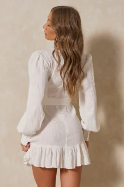Textured Wrap Frill Mini Dress -Ves Trendy Sales white textured wrap frill mini dress 2
