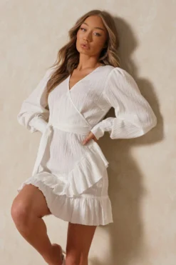 Textured Wrap Frill Mini Dress